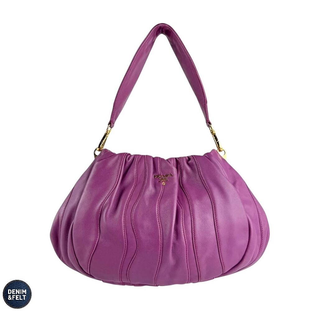 Prada‎ Purple Leather Pleated Shoulder Bag Gold Hardware Slouchy Hobo Purse Luxe - Picture 2 of 16